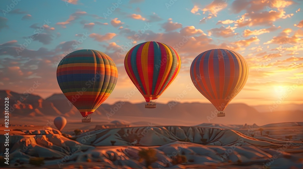 Fototapeta premium Beautiful Colorful Hot Air Balloons and dramatic clouds over the sand dunes in the Namib desert, Colorful hot air balloon flying over the mountain landscape. 4k hd background, abstract wallpaper