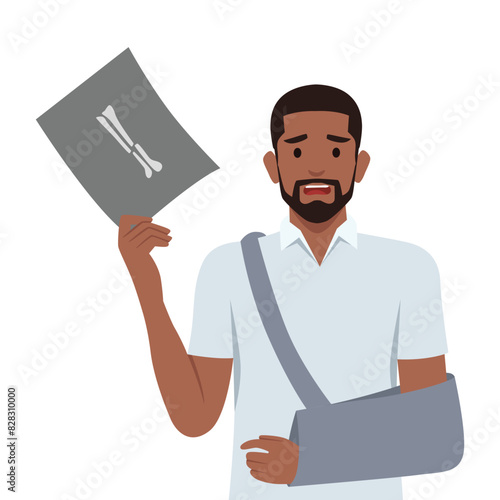 Young man who injured his arm hand. Broken arm on x ray and recovering with cast. Flat vector illustration isolated on white background