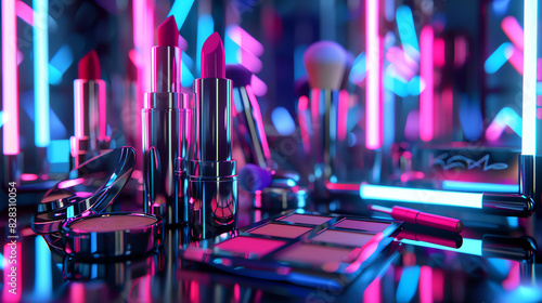 Lipsticks, makeup brushes, and various makeup compacts are arranged on a reflective surface. The background is out of focus and is lit with pink and blue neon lights.

 photo