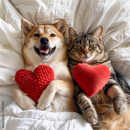 "Adorable Puppy and Cat Snuggling with Valentine's Day Themes"