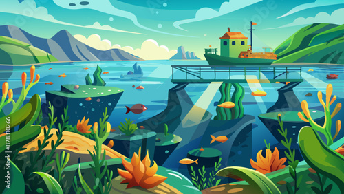 Vibrant Underwater Seascape with Coastal Pier and Marine Life
