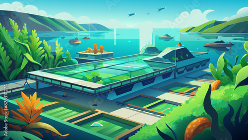 Idyllic Coastal Aquaculture Farm with Lush Greenery and Serene Sea