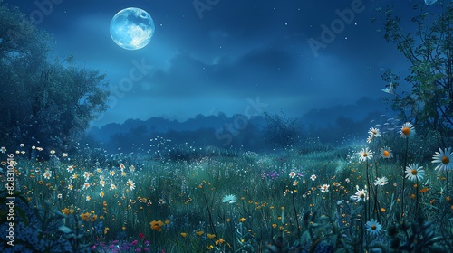 Dreamy night landscape bathed in moonlight with fluffy clouds drifting across the dark blue sky photo