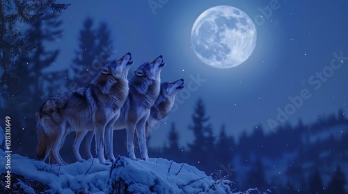 Wallpaper Mural Black silhouette of a wolf howling at the full moon in a starry night sky landscape Torontodigital.ca