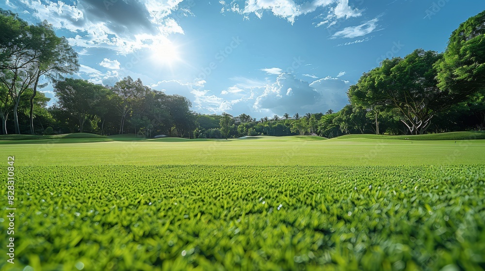 Beautiful green grass field with trees and blue sky background at golf course. Generative AI.