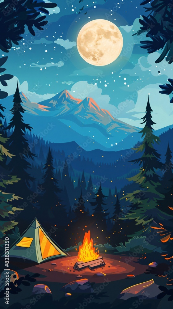 illustration of night scene of Camp site with camp tent and camp fire in the pine forest, there is a huge mountain at background. illustration of night scene of Camp site with camp tent and camp fire in the pine forest, there is a huge mountain at background.