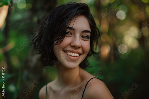 "Woman with Short Hair Smiling in the Woods"