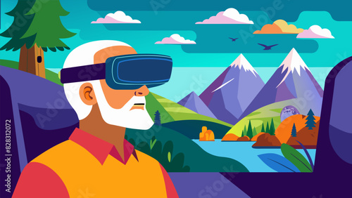 An elderly man with limited vision uses virtual reality to take a virtual drive through a scenic national park marveling at the breathtaking landscapes and wildlife.. Vector illustration