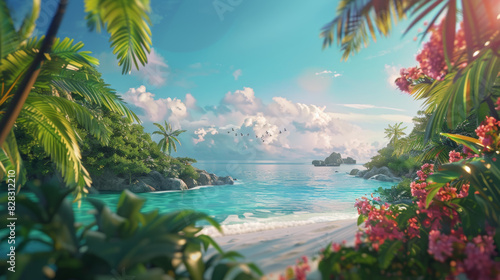 A tropical beach scene with palm trees and a body of water