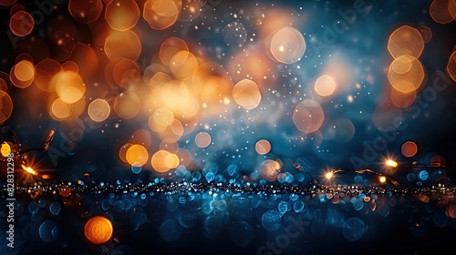 Abstract particle bokeh dark blue background, golden and blue luxury glitter and bokeh particles, particles bokeh background, holiday festival background photo