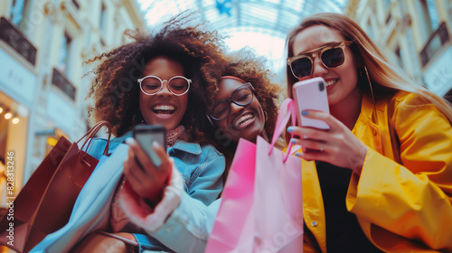 Three joyful women with shopping bags smile while looking at their smartphones in a stylish