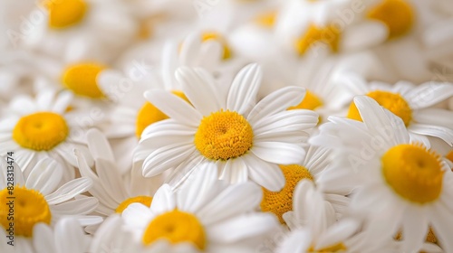 Tranquil Chamomile Blooms  Close-Up of White Petals and Yellow Centers on Natural Background  Capturing Delicate Details with Macro Lens
