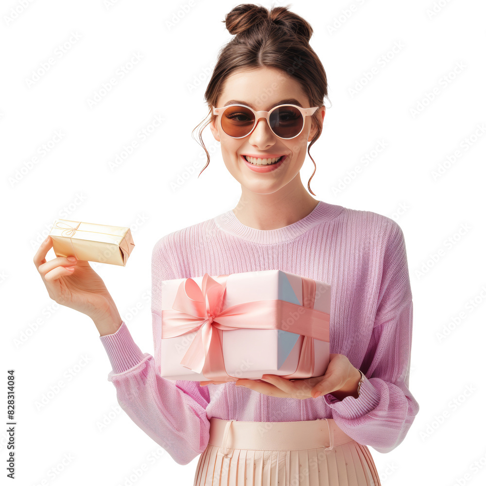 Woman in sunglasses, pastel clothes, holding gift box, transparent background Woman in sunglasses, pastel clothes, holding gift box, transparent background