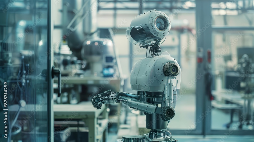 A collaborative robot in a hightech factory with a dreamy, imaginative backdrop and ample copy space to evoke a sense of wonder A collaborative robot in a hightech factory with a dreamy, imaginative backdrop and ample copy space to evoke a sense of wonder