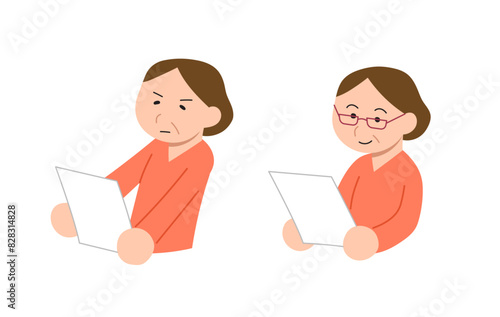 Middle-aged woman is struggling to read something on a paper. Wearing reading glasses help her read the text much easier. Cartoon style clip art illustration. 