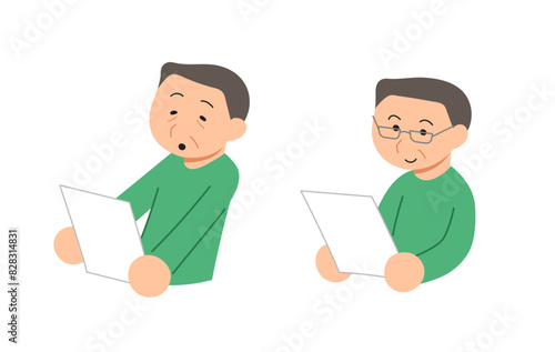 Middle-aged man is struggling to read something on a paper. Wearing reading glasses help him read the text much easier. Cartoon style clip art illustration. 