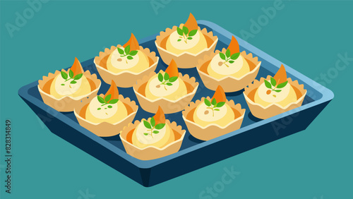 A tray of mini phyllo cups filled with creamy crab dip and topped with a sprinkle of chopped chives and lemon zest.. Vector illustration