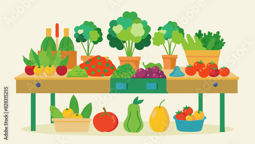 A table covered in colorful produce labeled and presented by members of the senior gardening club at their local farmers market.. Vector illustration