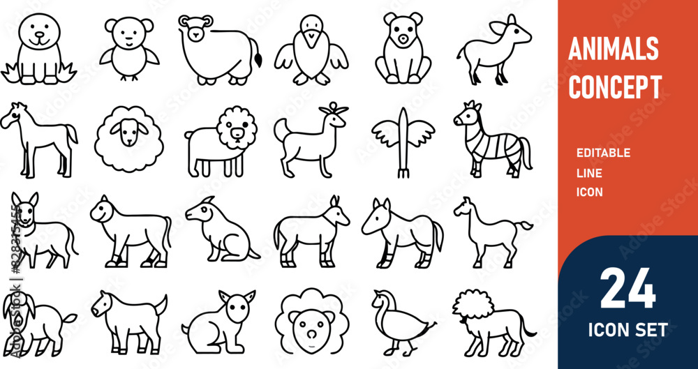 Animals related concept such as Dog, cat, horse, pig, sheep, goat, chicken, bird, fish & many more editable stroke outline icons isolated on white background flat vector illustration Animals related concept such as Dog, cat, horse, pig, sheep, goat, chicken, bird, fish & many more editable stroke outline icons isolated on white background flat vector illustration