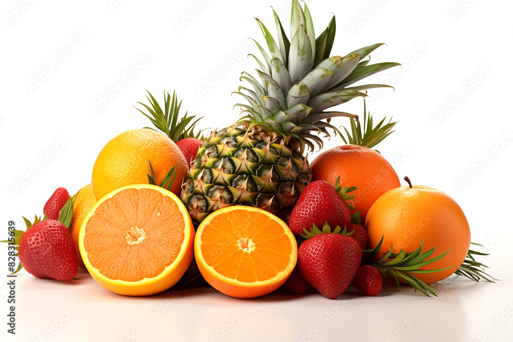 Fresh fruits on a white background: pineapple, apple, orange, kiwi, banana, lemon, grapes, pear Fresh fruits on a white background: pineapple, apple, orange, kiwi, banana, lemon, grapes, pear