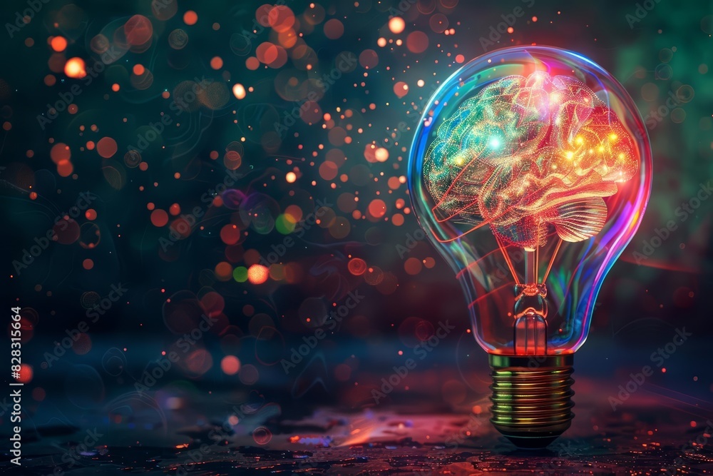 A glowing brain with colorful neural connections emerging from a light bulb Closeup A glowing brain with colorful neural connections emerging from a light bulb Closeup