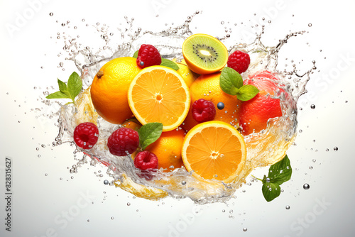 Fresh fruits splashing in water  orange  apple  lemon  strawberry  and kiwi