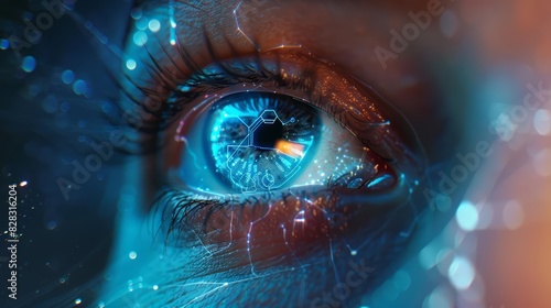 A human eye with a blue digital interface, representing cybernetic vision Closeup