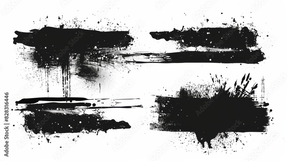 Naklejka premium Black watercolor horizontal grunge stains and lines set