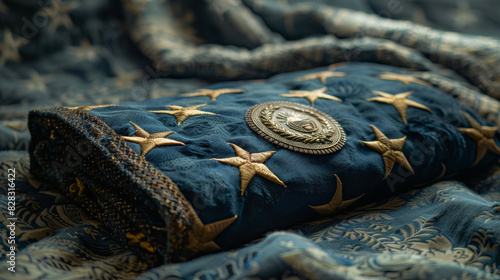 A folded American flag with a military medal  photo