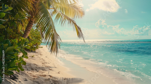 A beautiful beach with palm trees and a clear blue ocean