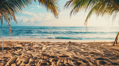 A beach with palm trees and a clear blue ocean