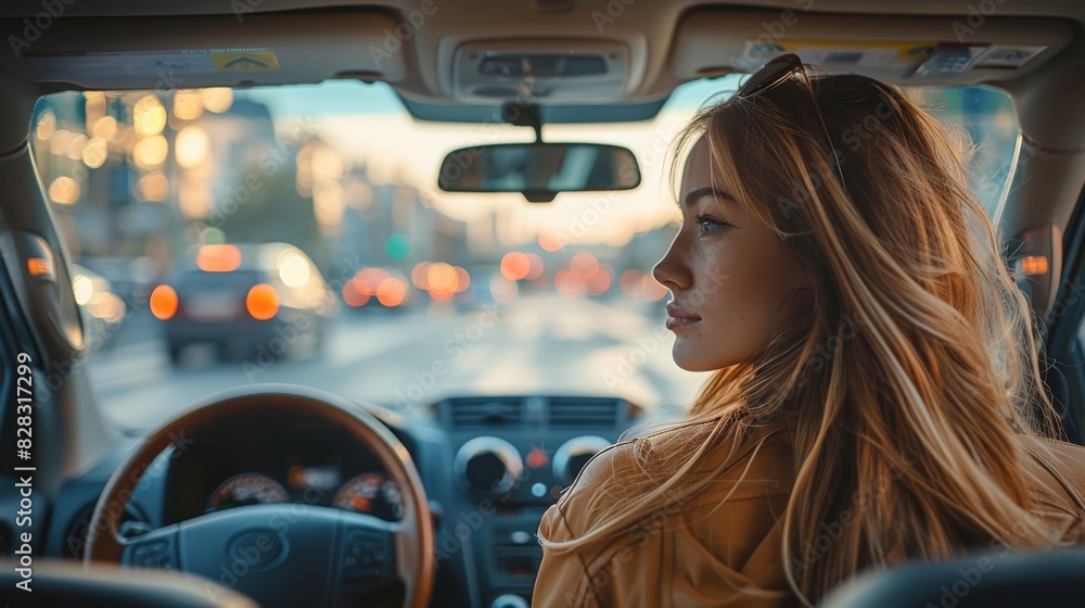 Inside a car, photo taken from the rear of the car, it is a woman driving, the scene takes place in a city during the day. Generative AI. Inside a car, photo taken from the rear of the car, it is a woman driving, the scene takes place in a city during the day. Generative AI.