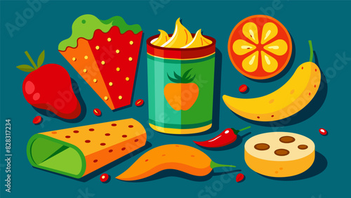 An assortment of snacks with a kick like fiery chili lime pringles and zesty jalapeño cornbread crackers.. Vector illustration