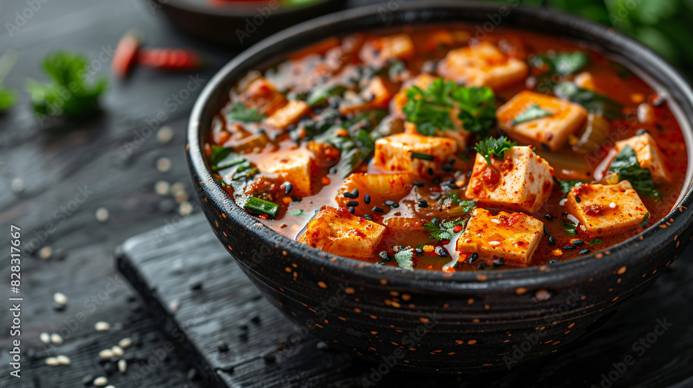 Korean food kimchi soup with tofu in a ceramic 