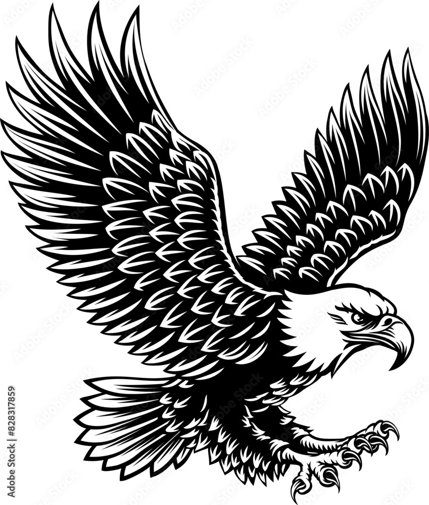 Obraz premium A bald eagle mascot bird with wings spread flying illustration in a vintage woodcut style
