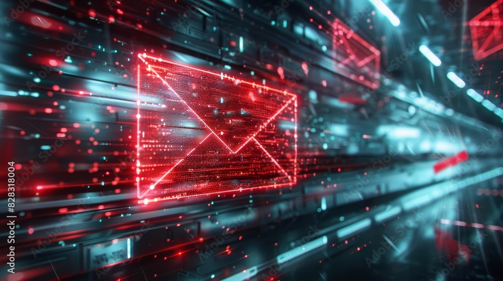 A red envelope icon emerging from a metallic, futuristic digital background Closeup A red envelope icon emerging from a metallic, futuristic digital background Closeup