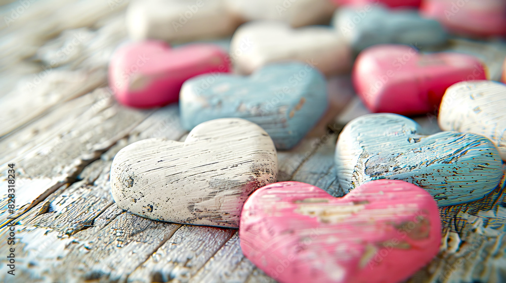 Obraz premium Multiple colored wooden hearts on rustic background, symbolizing love and affection. Generative AI