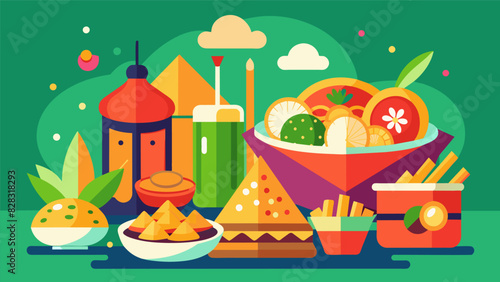 A sctious display of regional delicacies perfect for snacking and sharing with friends.. Vector illustration