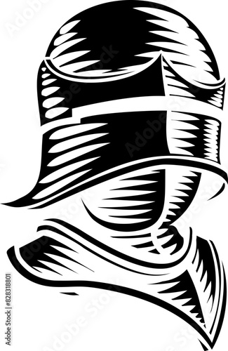 A knight helmet armor helm in a vintage woodcut etching style