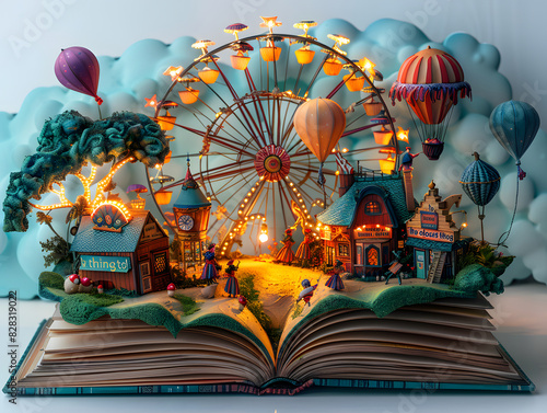 An open book with a carnival scene including a ferris wheel and hot air balloons popping out of its pages.