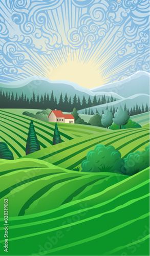 A rural landscape background of fields, farm land and trees with a cottage or house. Rolling hills and mountains.