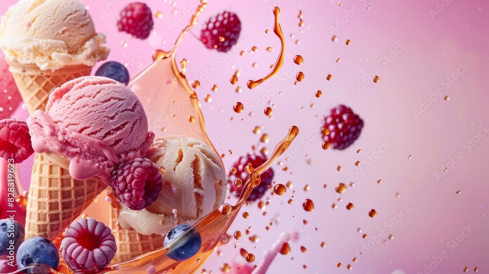 Delicious raspberry and strawberry ice cream with mango, blueberry and pieces of fruit in a crispy waffle cone Delicious raspberry and strawberry ice cream with mango, blueberry and pieces of fruit in a crispy waffle cone