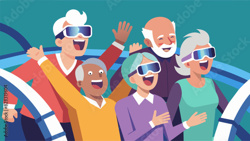 A group of elderly friends giggling and laughing together as they try out a virtual reality rollercoaster feeling the thrill and exhilaration without ever leaving the safety of. Vector illustration