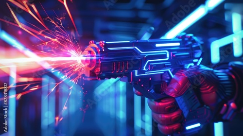 A neon laser toy for children creates bright lights and dynamic sparks simulating energetic sci fi battles in a dark environment inspiring creative play photo