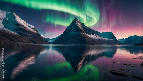 Beautiful landscape with a calm lake surrounded by mountains with the magical northern lights dancing the night sky © The A.I Studio