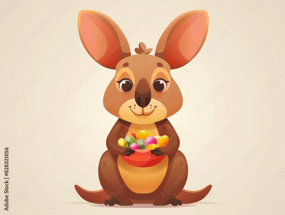 Cute cartoon kangaroo holding colorful Easter eggs with a cheerful expression, perfect for holiday themes and children's illustrations. Cute cartoon kangaroo holding colorful Easter eggs with a cheerful expression, perfect for holiday themes and children's illustrations.