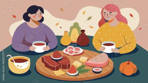 The atmosphere was cozy and warm as the women snacked on a charcuterie board adorned with smoky meats creamy avocado and sweet fig jam.. Vector illustration