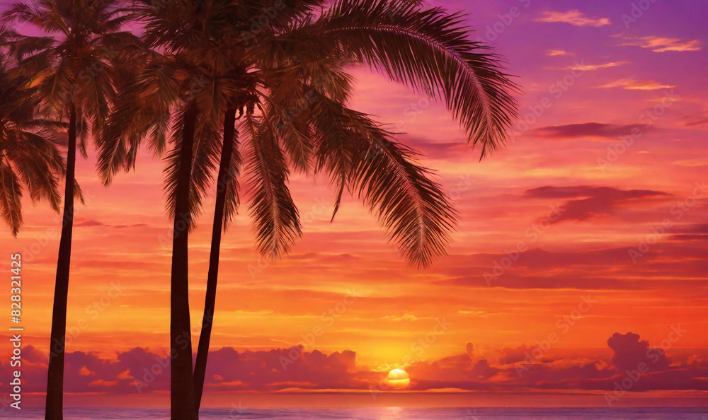Obraz premium Experience the beauty of the tropics with a background that captures the essence of a sunset over the ocean, complete with warm hues and silhouetted palm trees