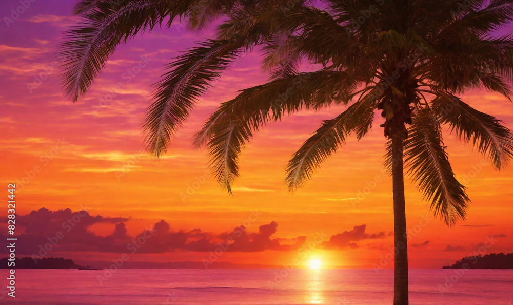 Experience the beauty of the tropics with a background that captures the essence of a sunset over the ocean, complete with warm hues and silhouetted palm trees