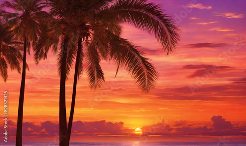 Experience the beauty of the tropics with a background that captures the essence of a sunset over the ocean  complete with warm hues and silhouetted palm trees